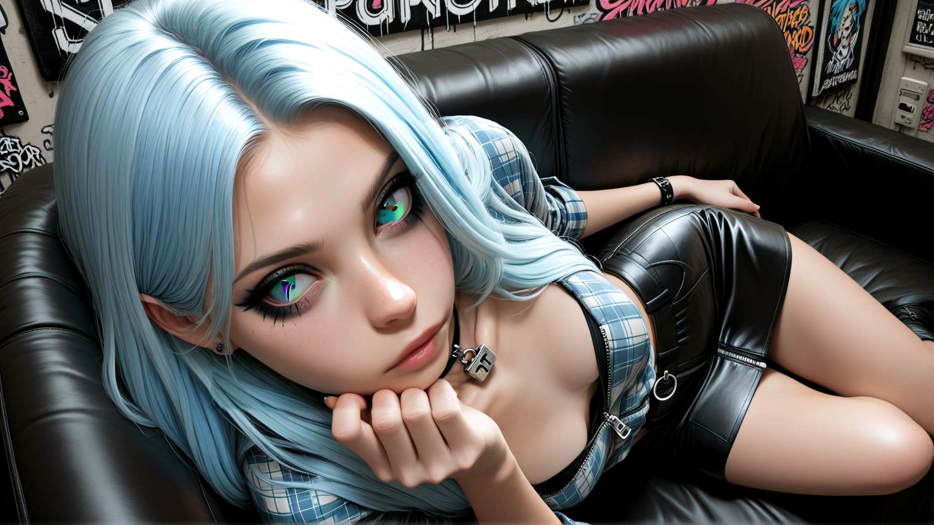 AI generated wallpaper featuring woman, leather, plaid, sneaker, choker, sofa, glasses, earring, hair, necklace