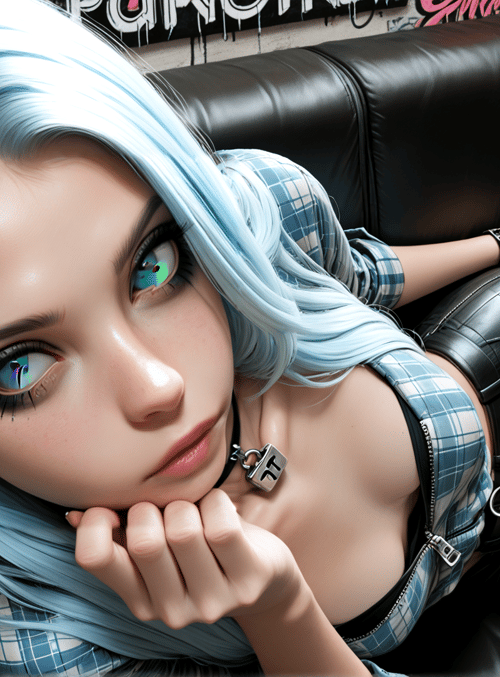 woman, leather, plaid, sneaker, choker, sofa, glasses, earring, hair, necklace