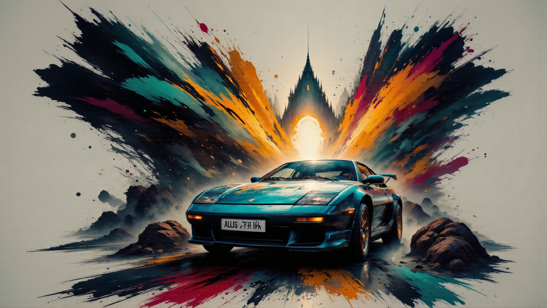 AI generated wallpaper featuring car, cathedral, splatter, rocks, road