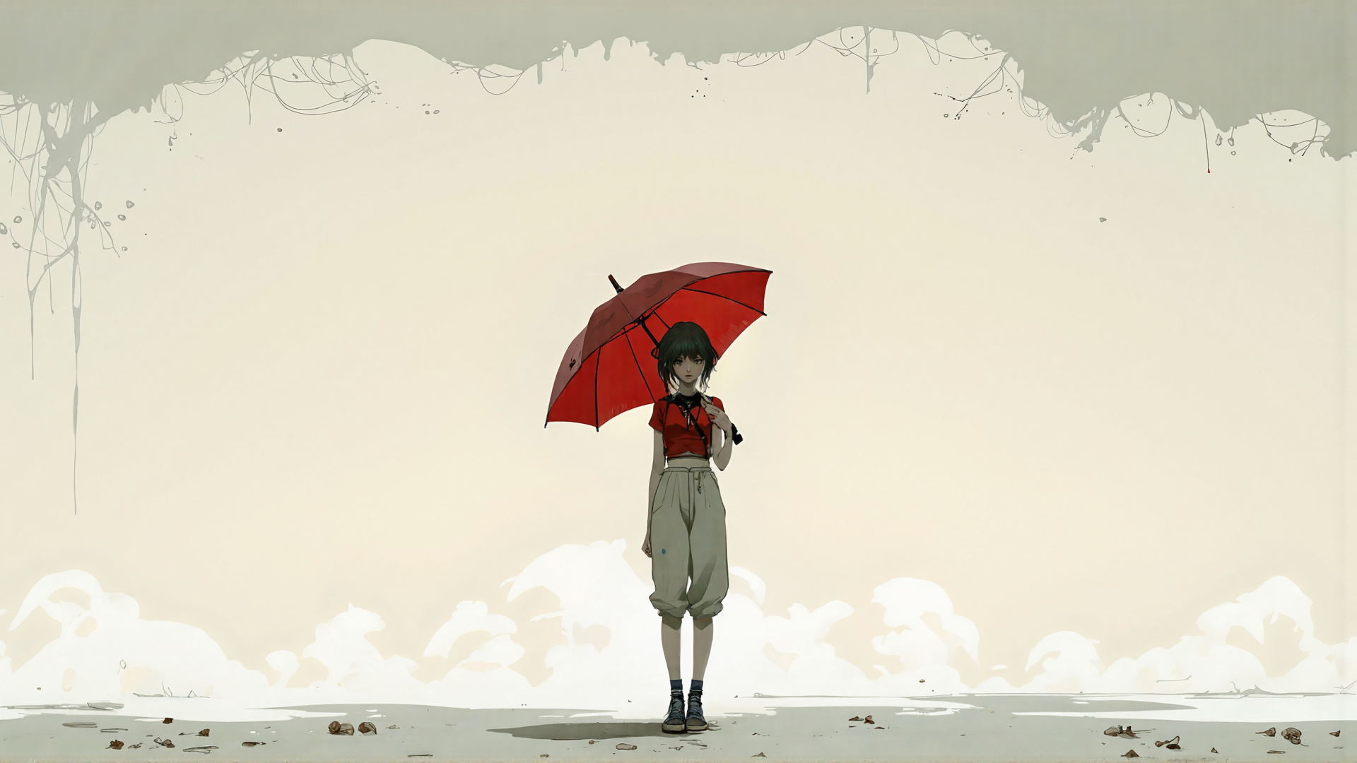 AI generated wallpaper featuring girl, umbrella, clouds, ground, trees