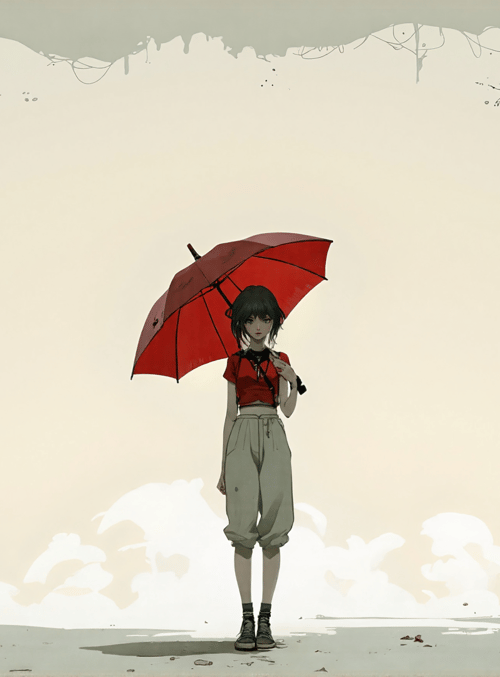 girl, umbrella, clouds, ground, trees
