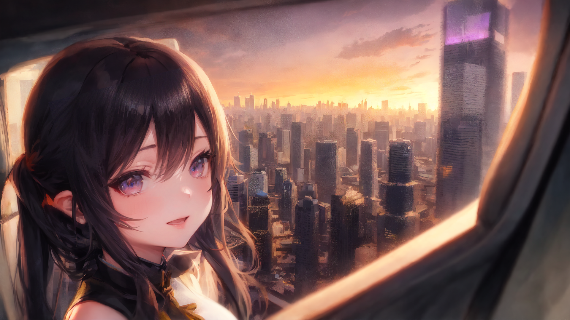 AI generated wallpaper featuring girl, cityscape, window