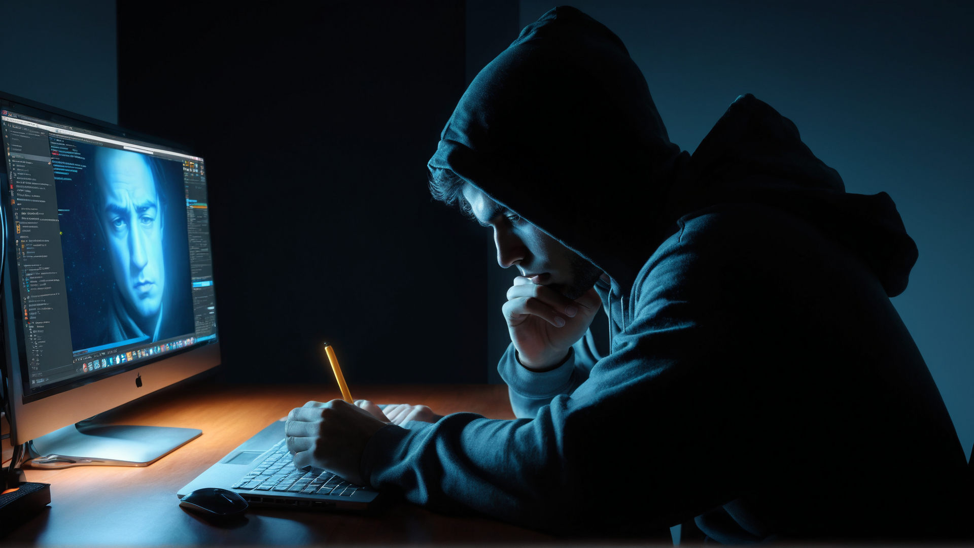 AI generated wallpaper featuring hacker, computer, pen