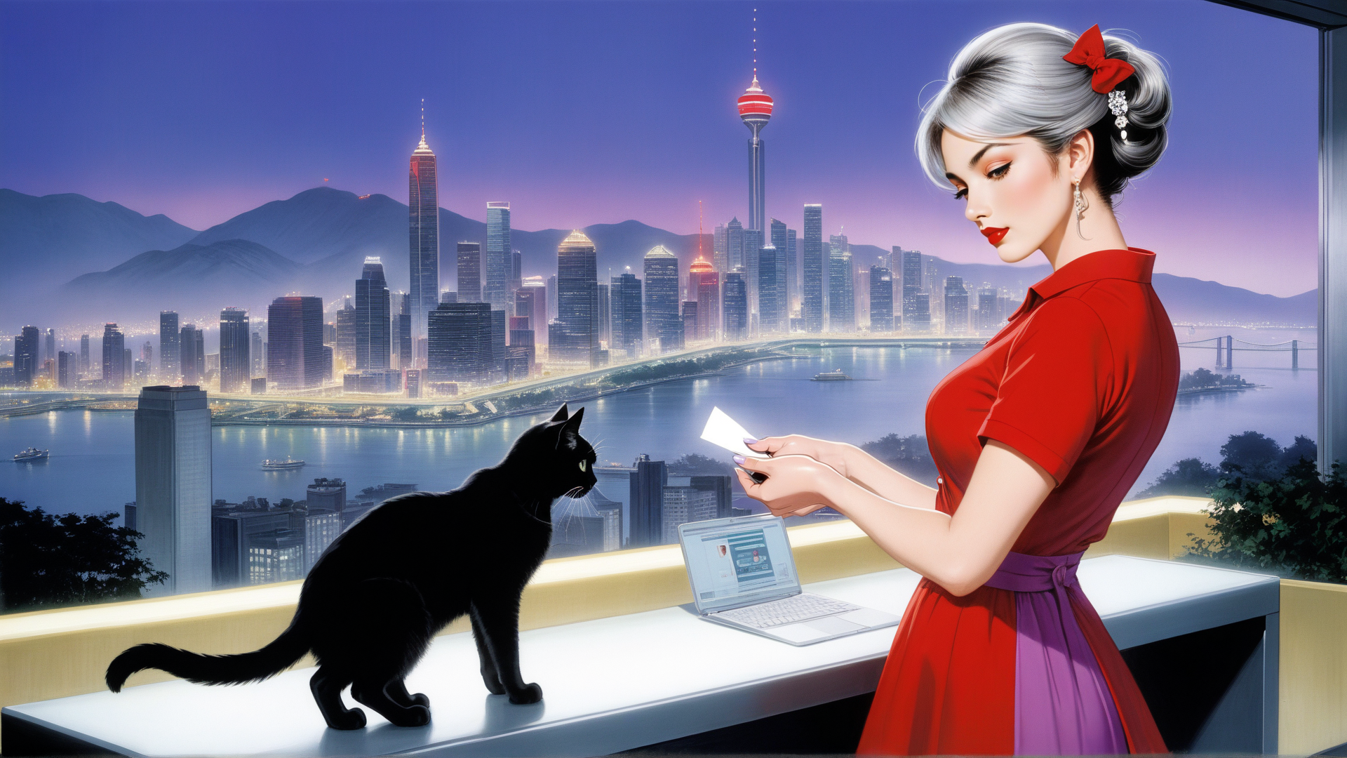 AI generated wallpaper featuring woman, black cat, cityscape