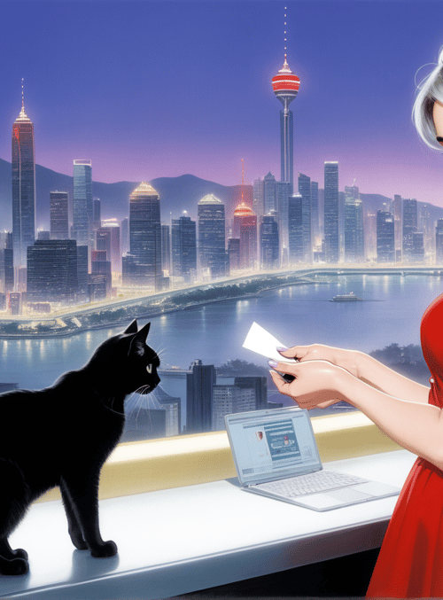 woman, black cat, cityscape