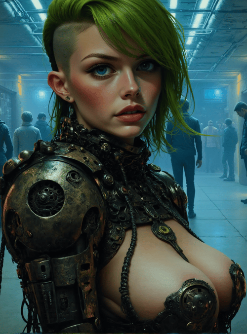 cyborg, woman, steampunk, armory, corridor, people, gears, jewelry, hair, display