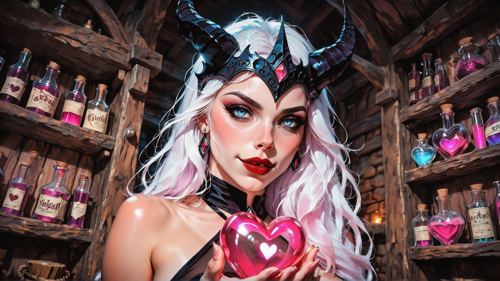 AI generated wallpaper featuring woman, horned, heart, bottles, witch