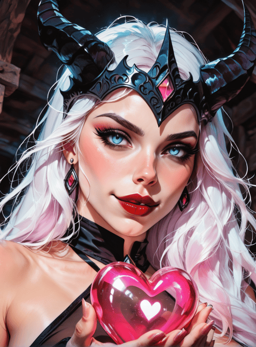 woman, horned, heart, bottles, witch
