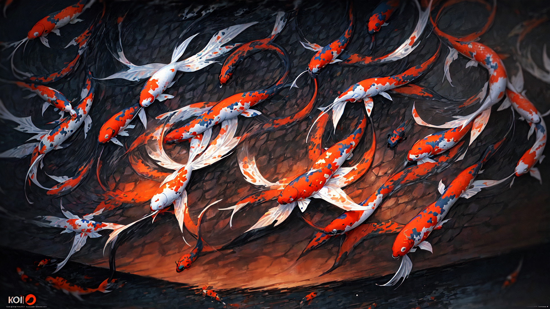 AI generated wallpaper featuring koi, fish, swim, water, reflection, swim, school, art, illustration, fish