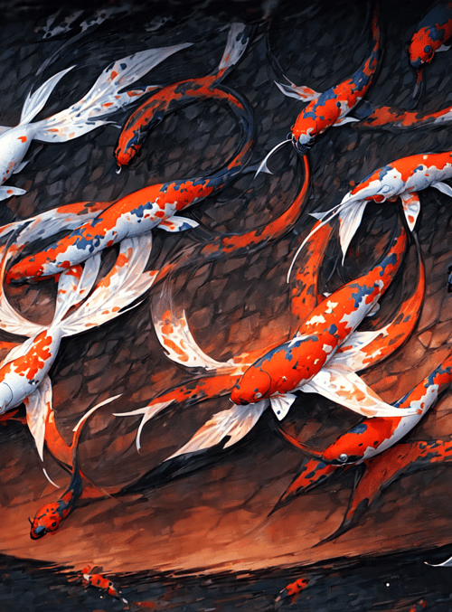 koi, fish, swim, water, reflection, swim, school, art, illustration, fish