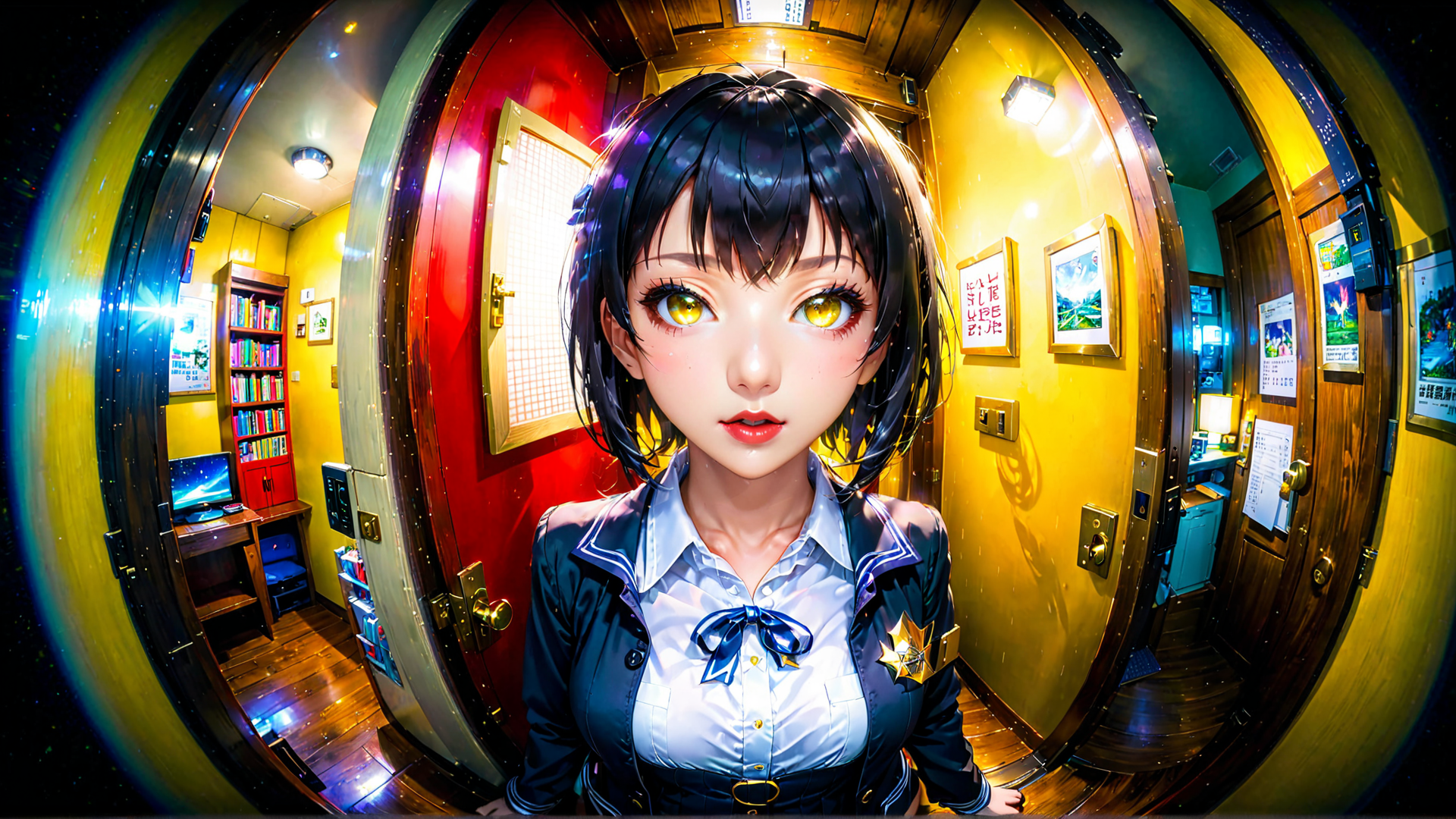 AI generated wallpaper featuring girl, uniform, corridor, bookshelf, door, computer, artwork, wall, light, desk
