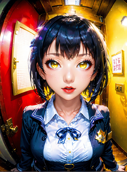 girl, uniform, corridor, bookshelf, door, computer, artwork, wall, light, desk