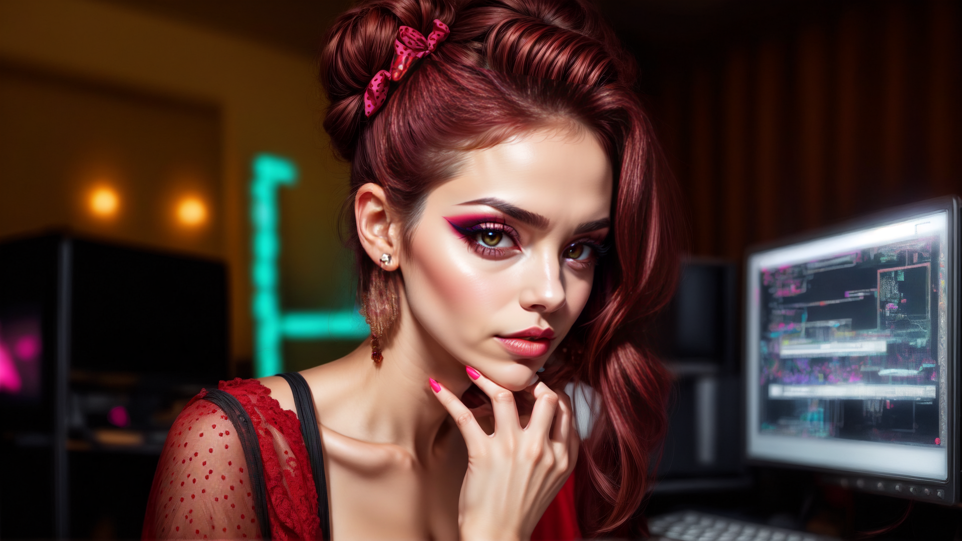 AI generated wallpaper featuring woman, computer, screen