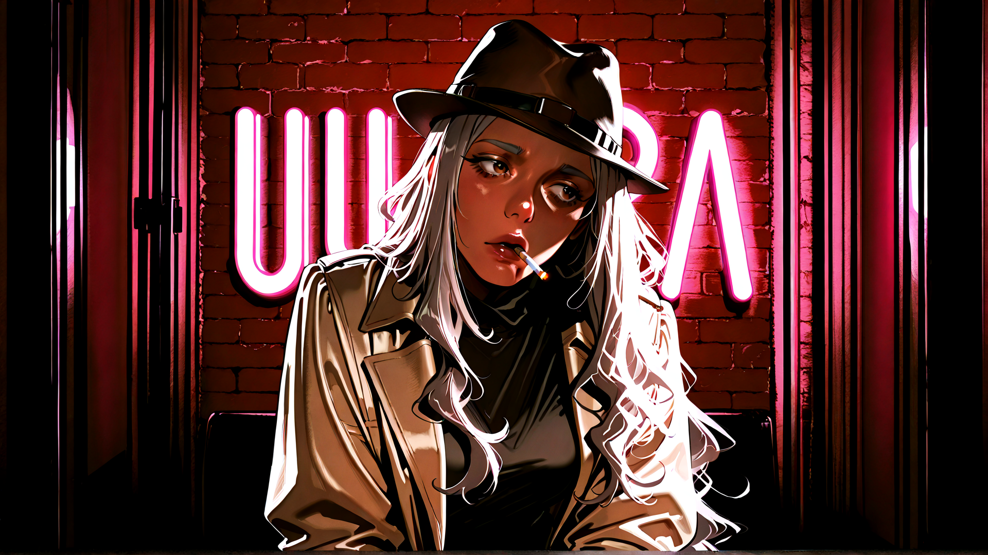 AI generated wallpaper featuring woman, hat, cigarette, coat, neon sign