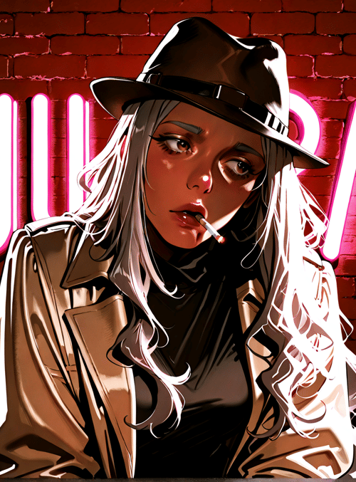 woman, hat, cigarette, coat, neon sign