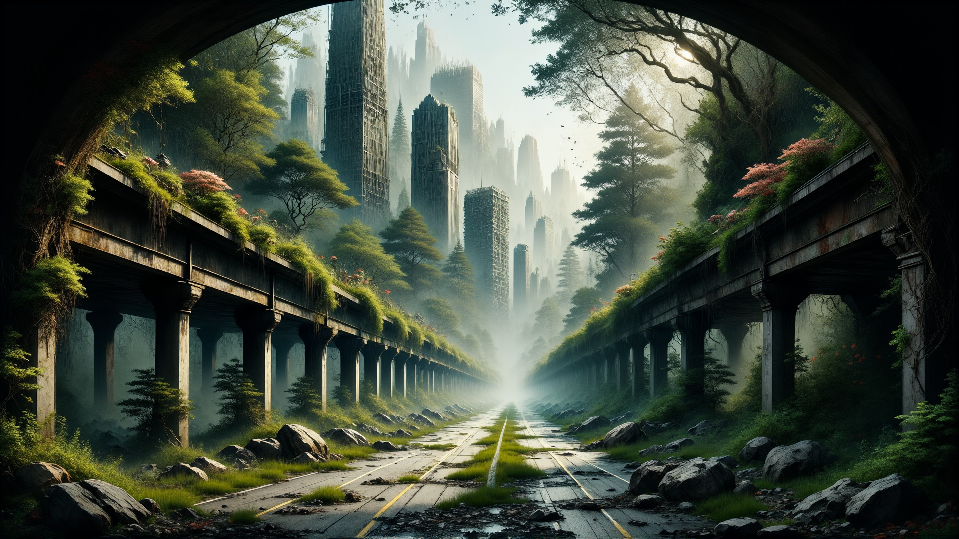 AI generated wallpaper featuring bridge, city, nature, road, tree