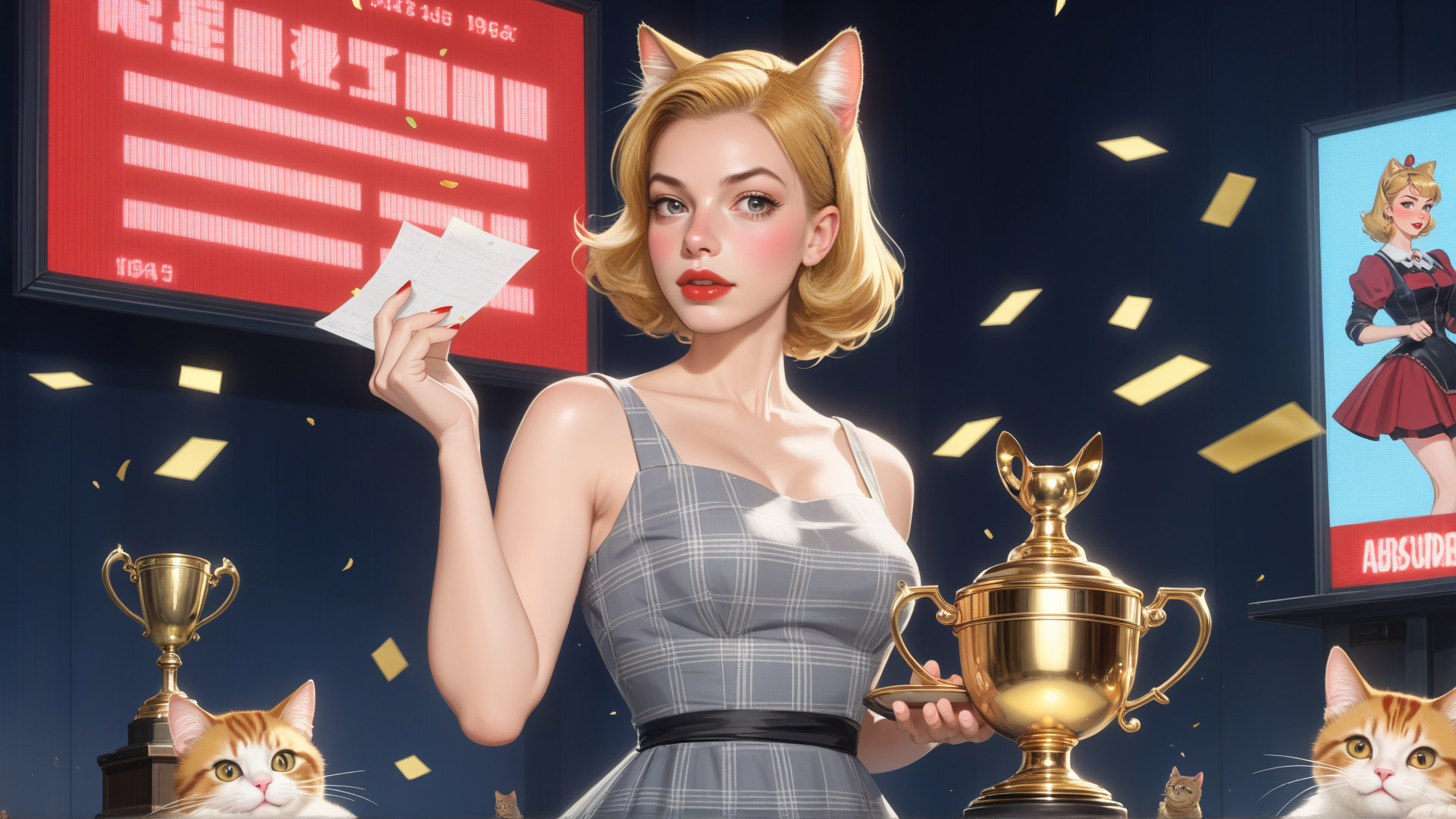 AI generated wallpaper featuring woman, cat ears, trophy, confetti, cat