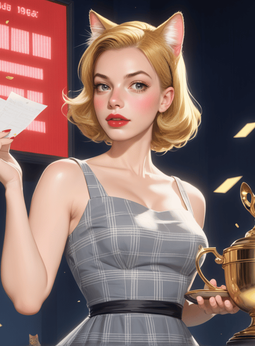 woman, cat ears, trophy, confetti, cat
