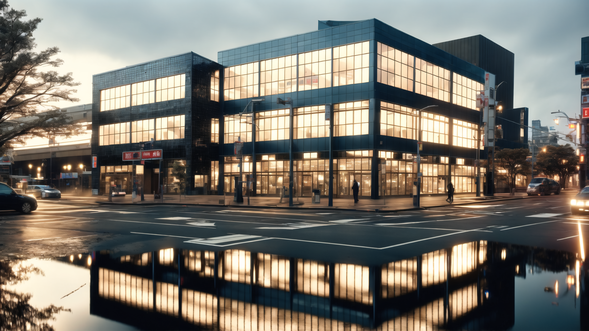 AI generated wallpaper featuring building, street, water, cars, trees, reflection, signs, pedestrians, glass, city