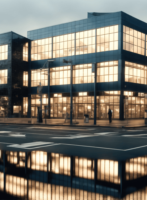 building, street, water, cars, trees, reflection, signs, pedestrians, glass, city