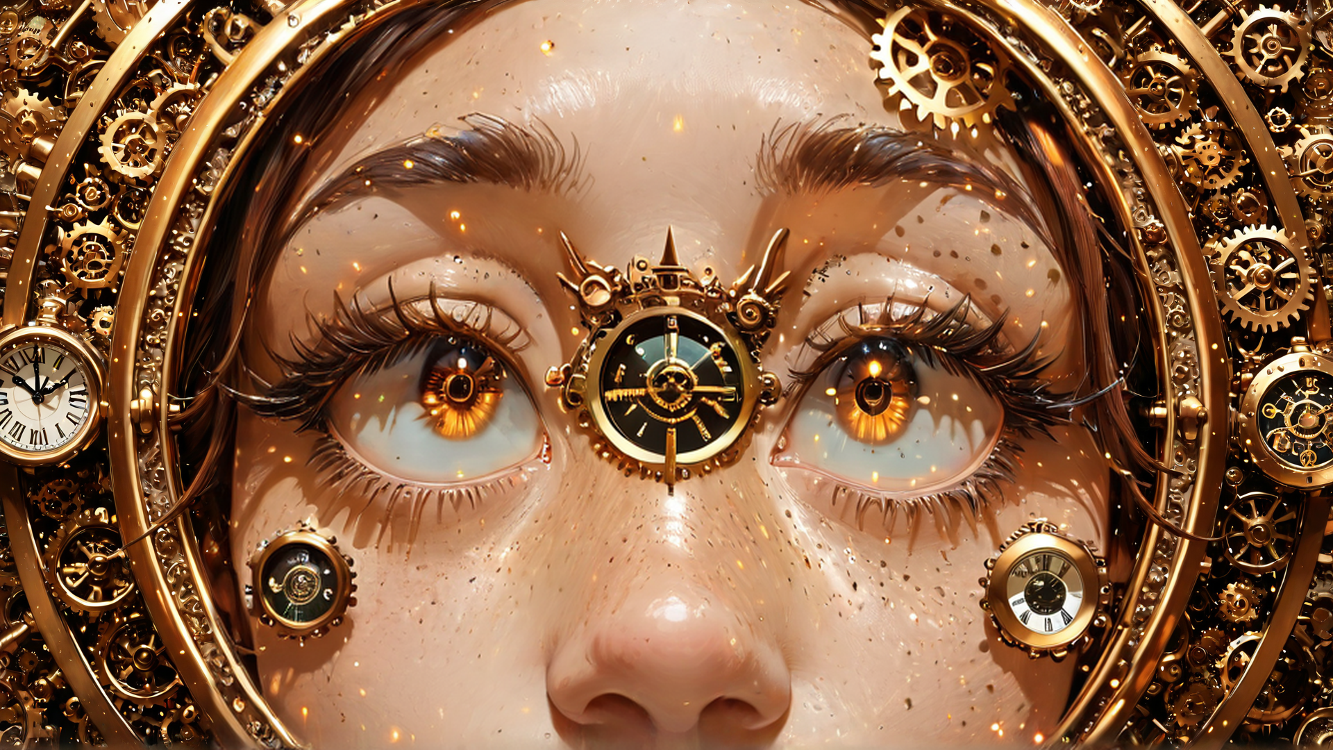 AI generated wallpaper featuring face, clock, gears, eyes, watch, mechanism, steampunk, clockwork, ornament, clock face