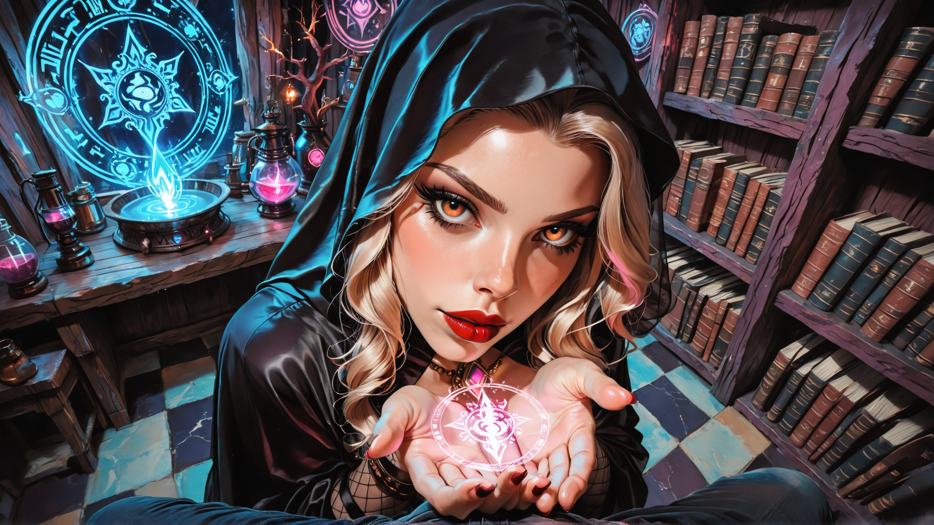 AI generated wallpaper featuring witch, woman, spell, books, potion, candle, circle, hood, lamps, magic