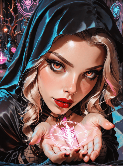 witch, woman, spell, books, potion, candle, circle, hood, lamps, magic