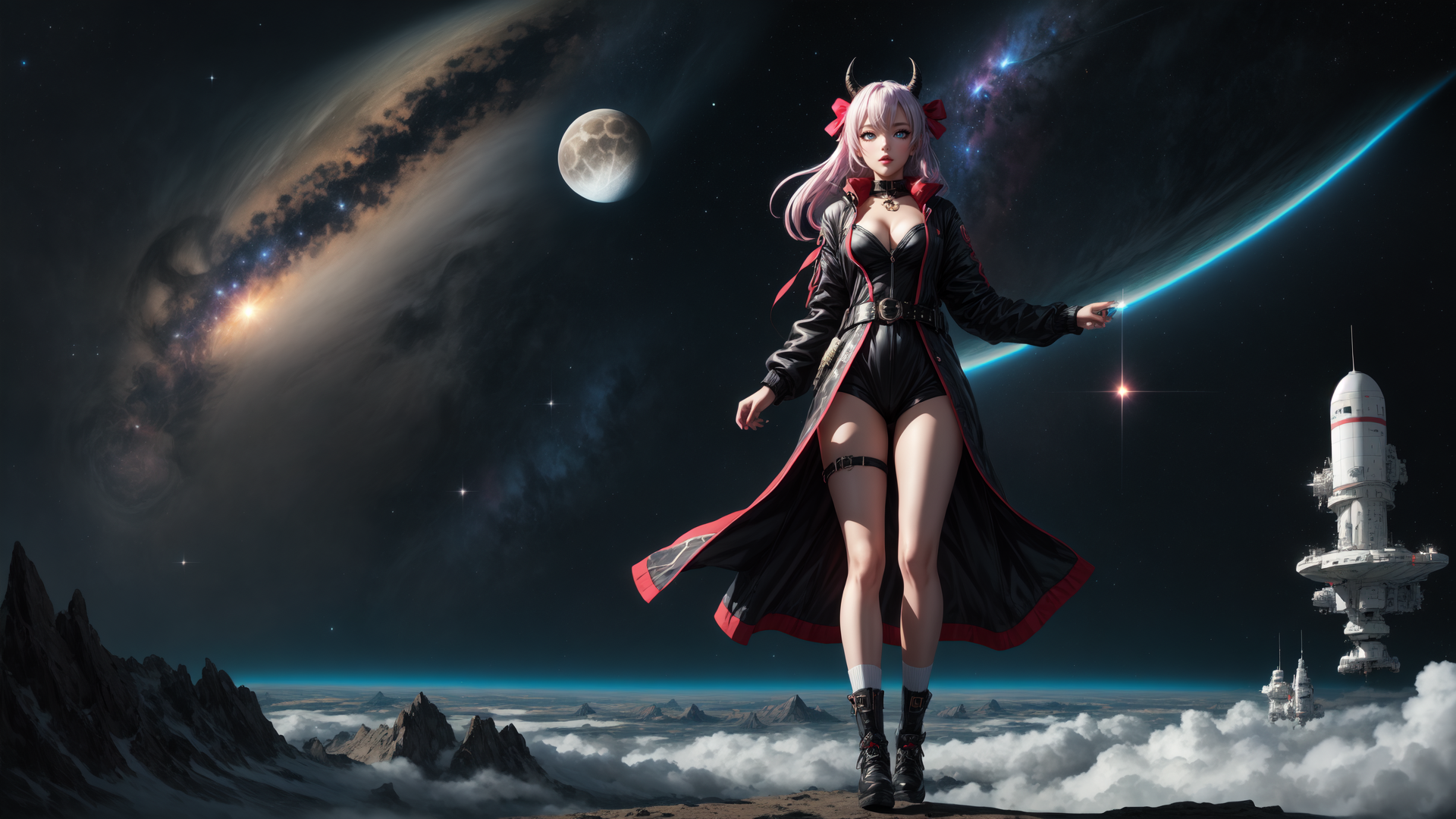 AI generated wallpaper featuring woman, space, spaceship, moon, galaxy, mountain, cloud