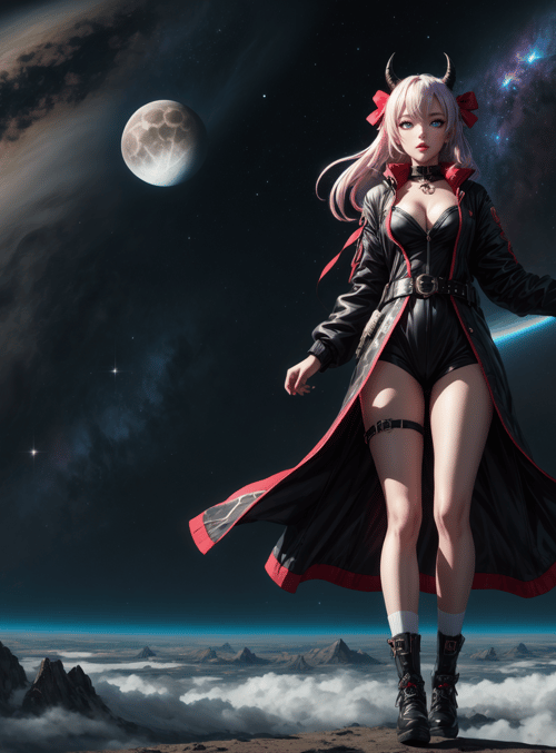woman, space, spaceship, moon, galaxy, mountain, cloud