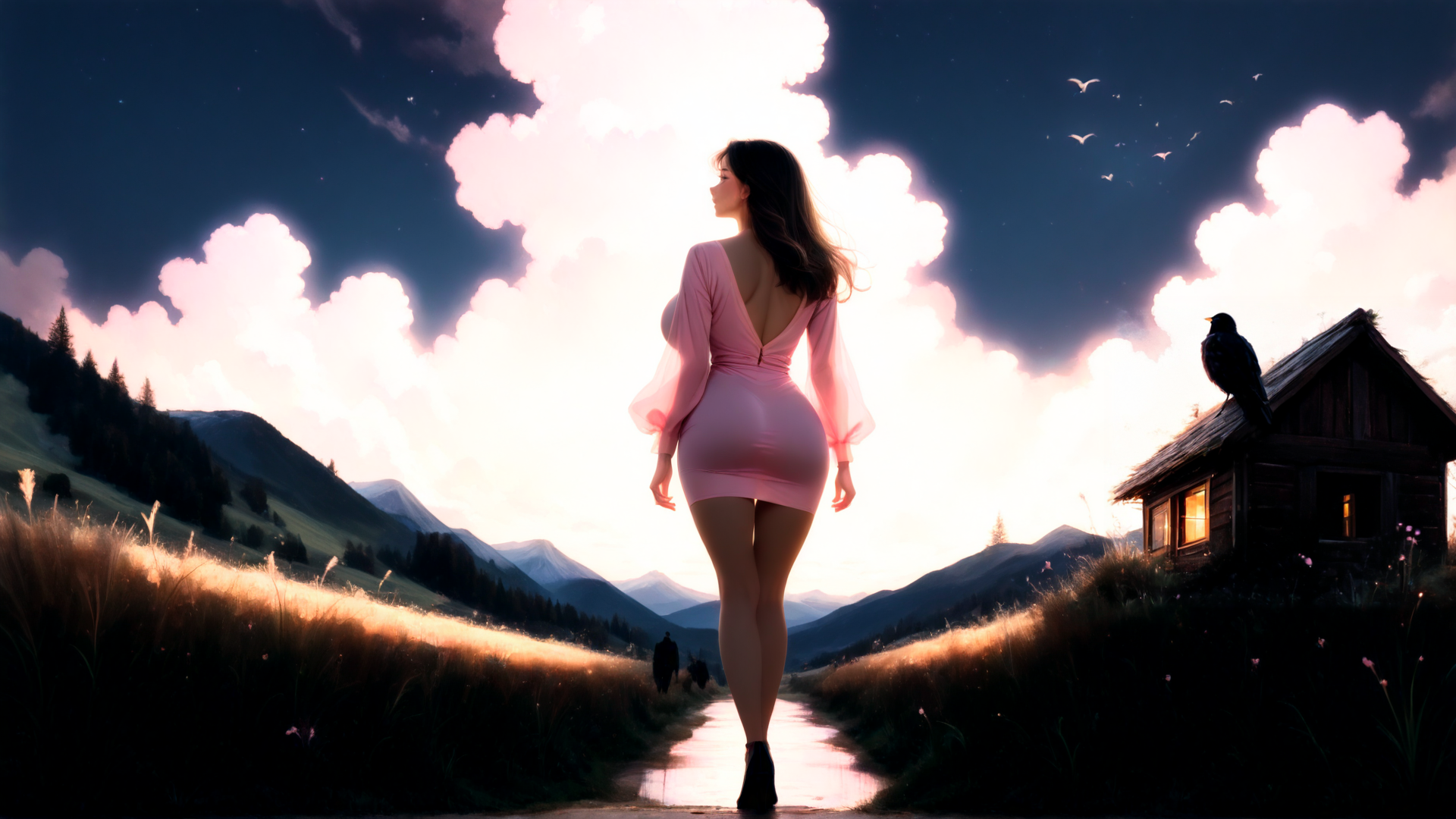 AI generated wallpaper featuring woman, nature, house