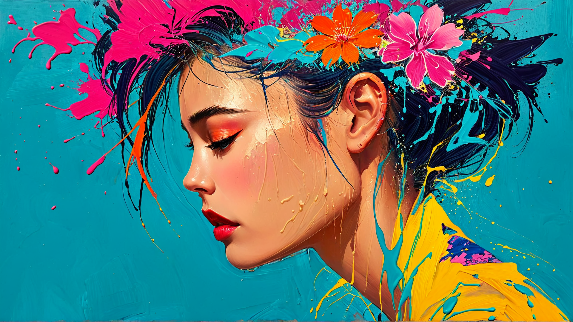 AI generated wallpaper featuring woman, flowers, paint, hair, ear