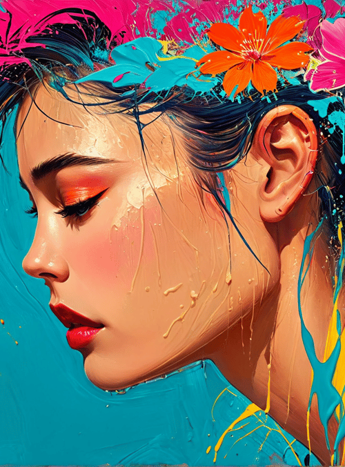 woman, flowers, paint, hair, ear