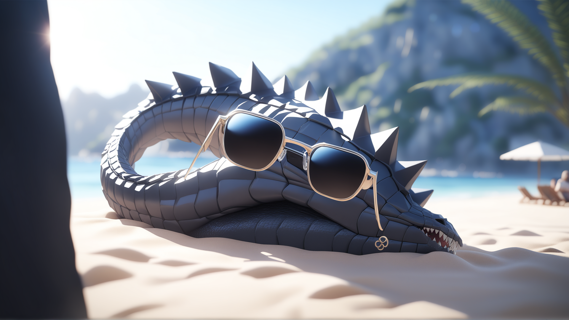 AI generated wallpaper featuring dragon, sunglasses, beach