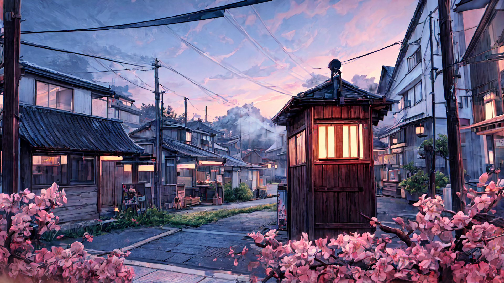 AI generated wallpaper featuring street, cherry blossoms, wooden house, telephone pole, lantern, shop, building, sky, flowers, road