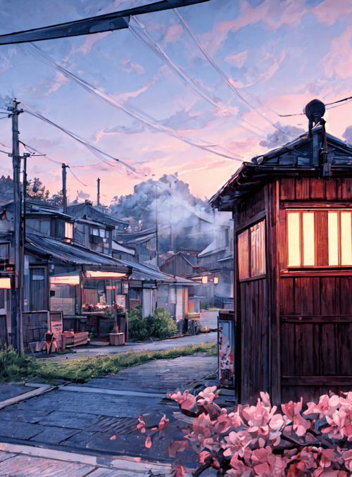 street, cherry blossoms, wooden house, telephone pole, lantern, shop, building, sky, flowers, road