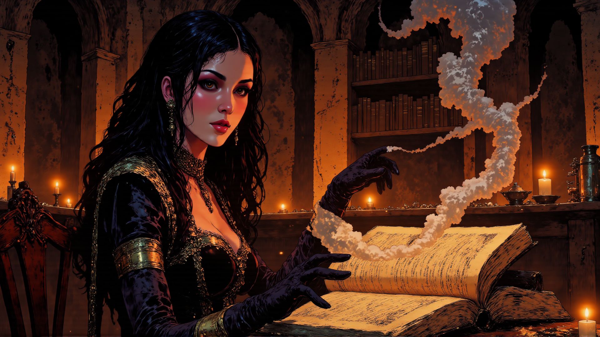 AI generated wallpaper featuring woman, book, candle, smoke, gloves, choker, bookshelf, earrings, chair, scroll
