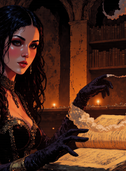 woman, book, candle, smoke, gloves, choker, bookshelf, earrings, chair, scroll