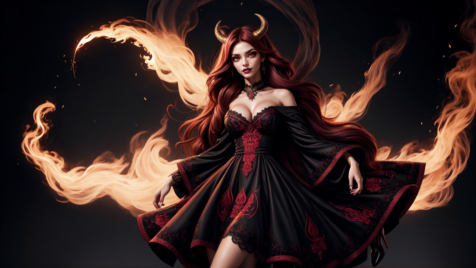 AI generated wallpaper featuring woman, devil, fire, horn, dress, long hair, flame