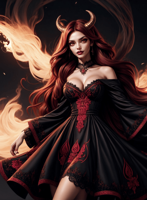 woman, devil, fire, horn, dress, long hair, flame