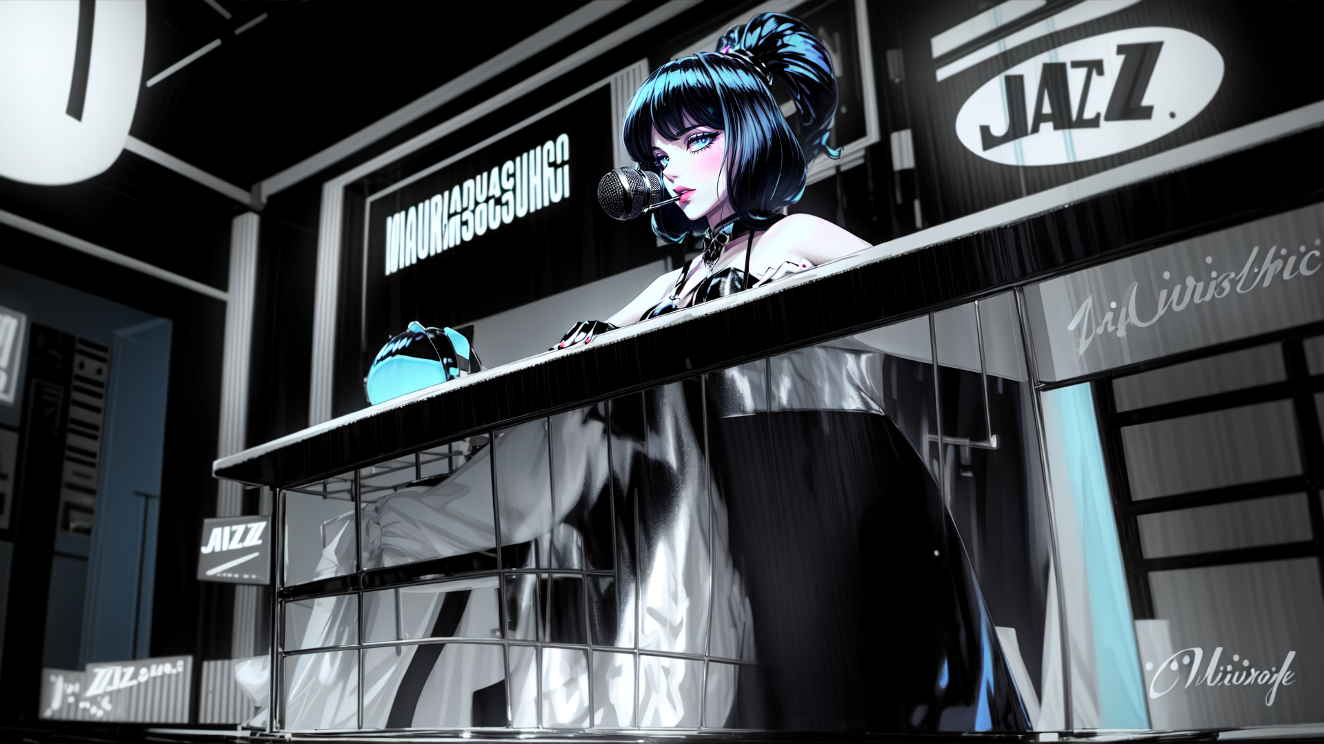 AI generated wallpaper featuring singer, stage, microphone