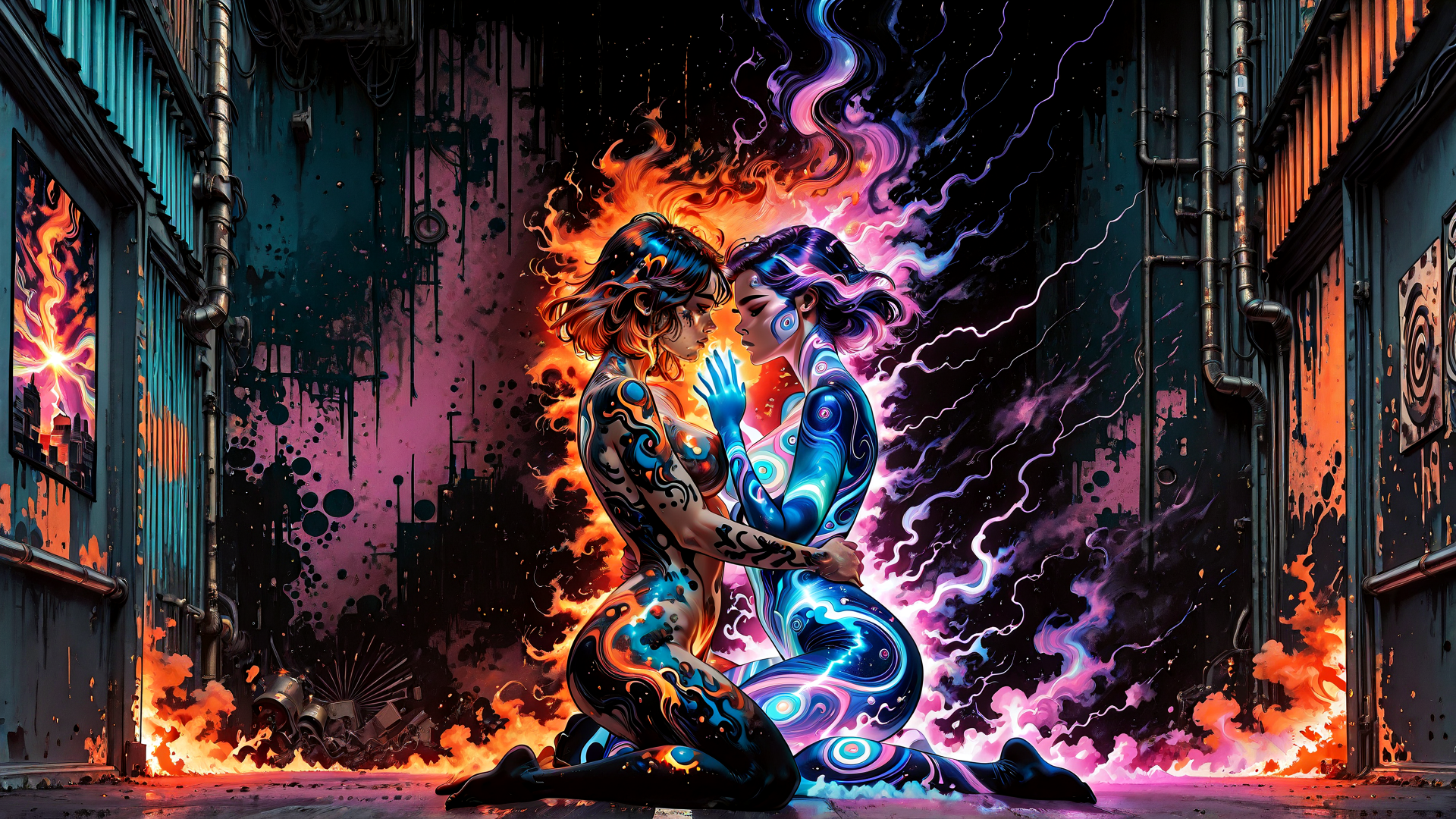 AI generated wallpaper featuring woman, cyborg, art, fire, neon, surreal, kiss, digital, urban, aliens