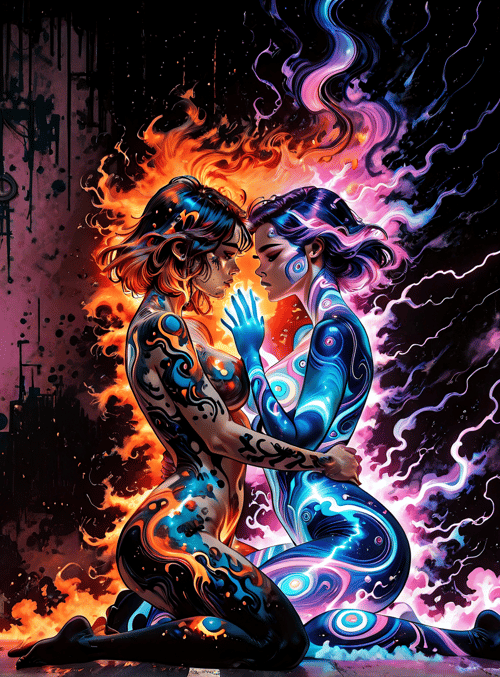 woman, cyborg, art, fire, neon, surreal, kiss, digital, urban, aliens