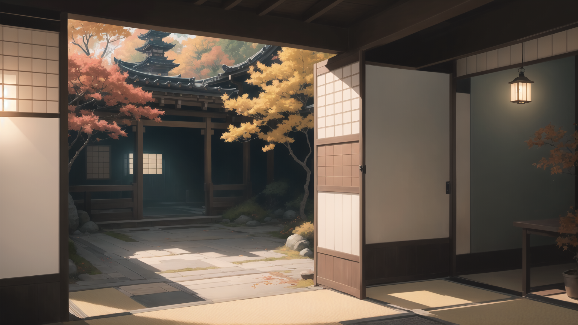 AI generated wallpaper featuring japanese garden, traditional house, trees