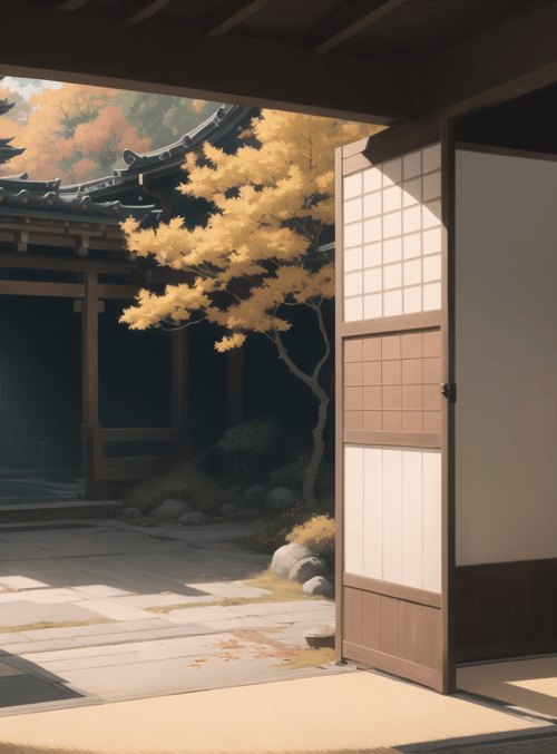 japanese garden, traditional house, trees
