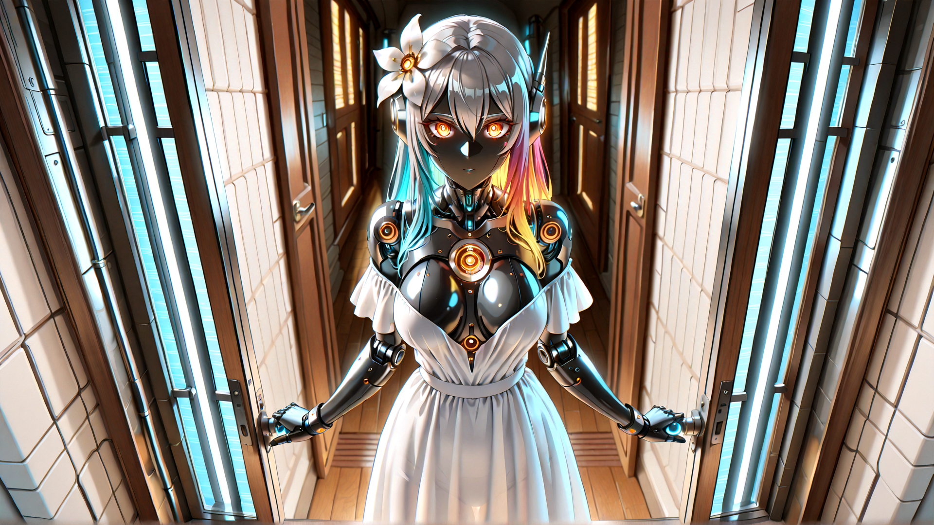 AI generated wallpaper featuring robot, anime character, maid, doorway, corridor