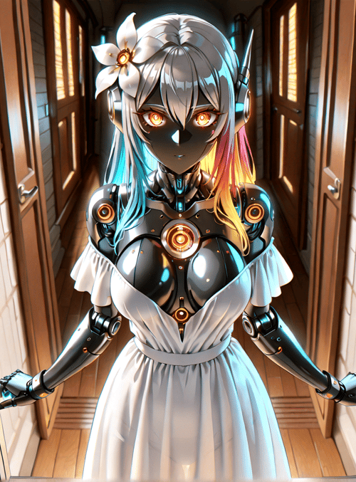 robot, anime character, maid, doorway, corridor