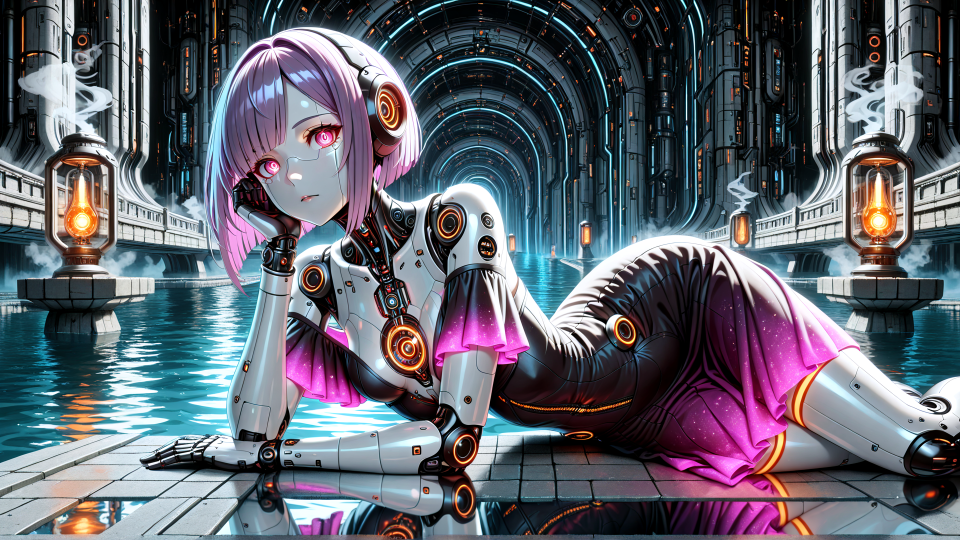 AI generated wallpaper featuring robot, cyborg, anime girl, mechanical, futuristic, sailor, pantyhose, gloved hand, pink hair, neon lights