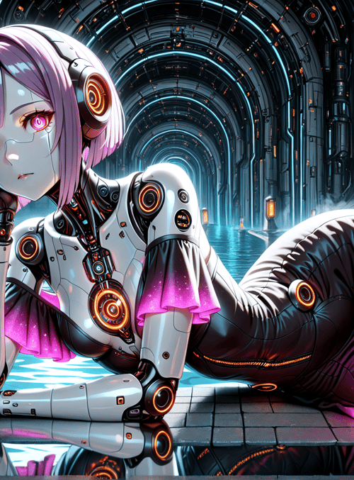 robot, cyborg, anime girl, mechanical, futuristic, sailor, pantyhose, gloved hand, pink hair, neon lights