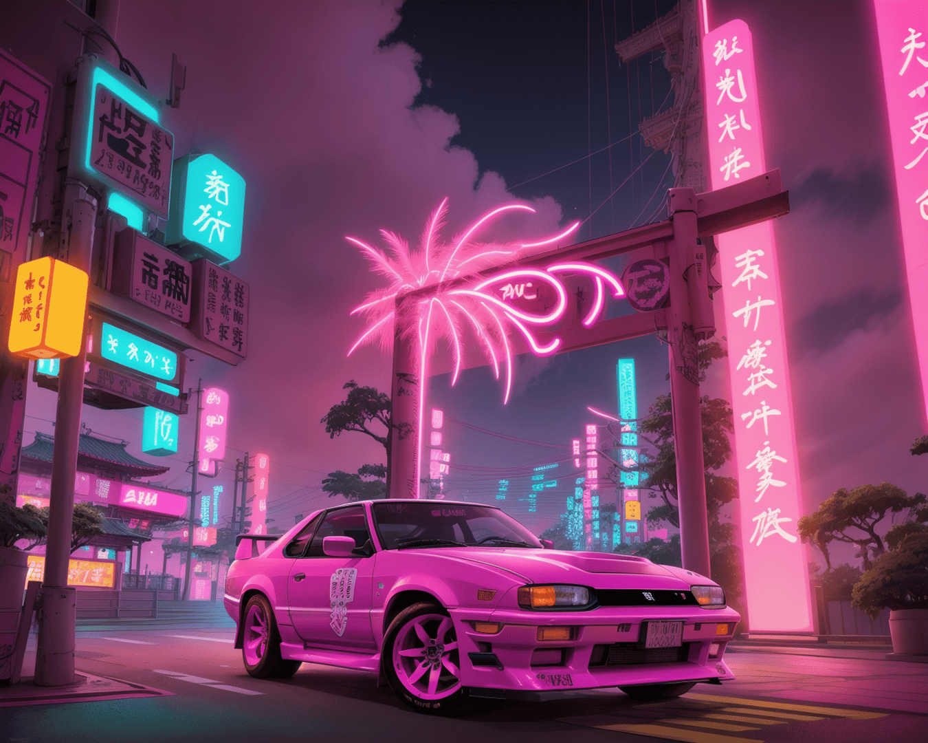 AI generated wallpaper featuring car, neon signs, palm tree