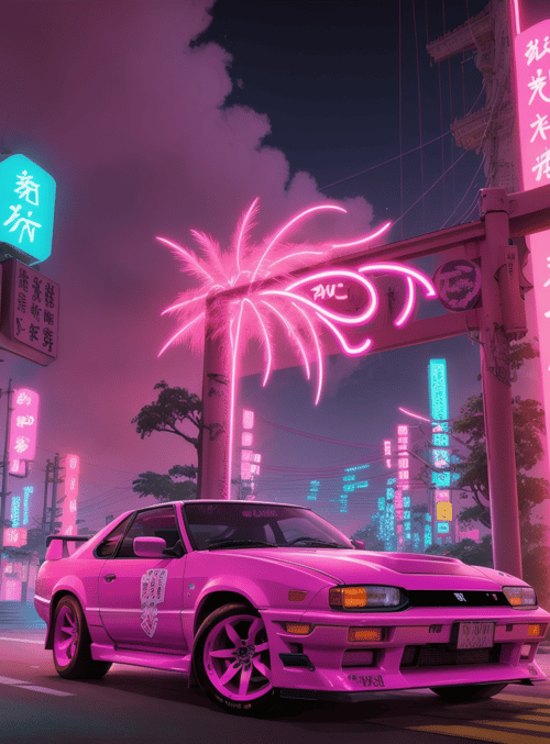 car, neon signs, palm tree